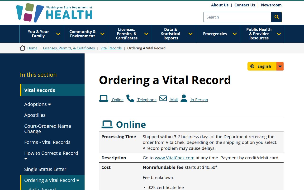 Olympia people search vital certificate ordering options