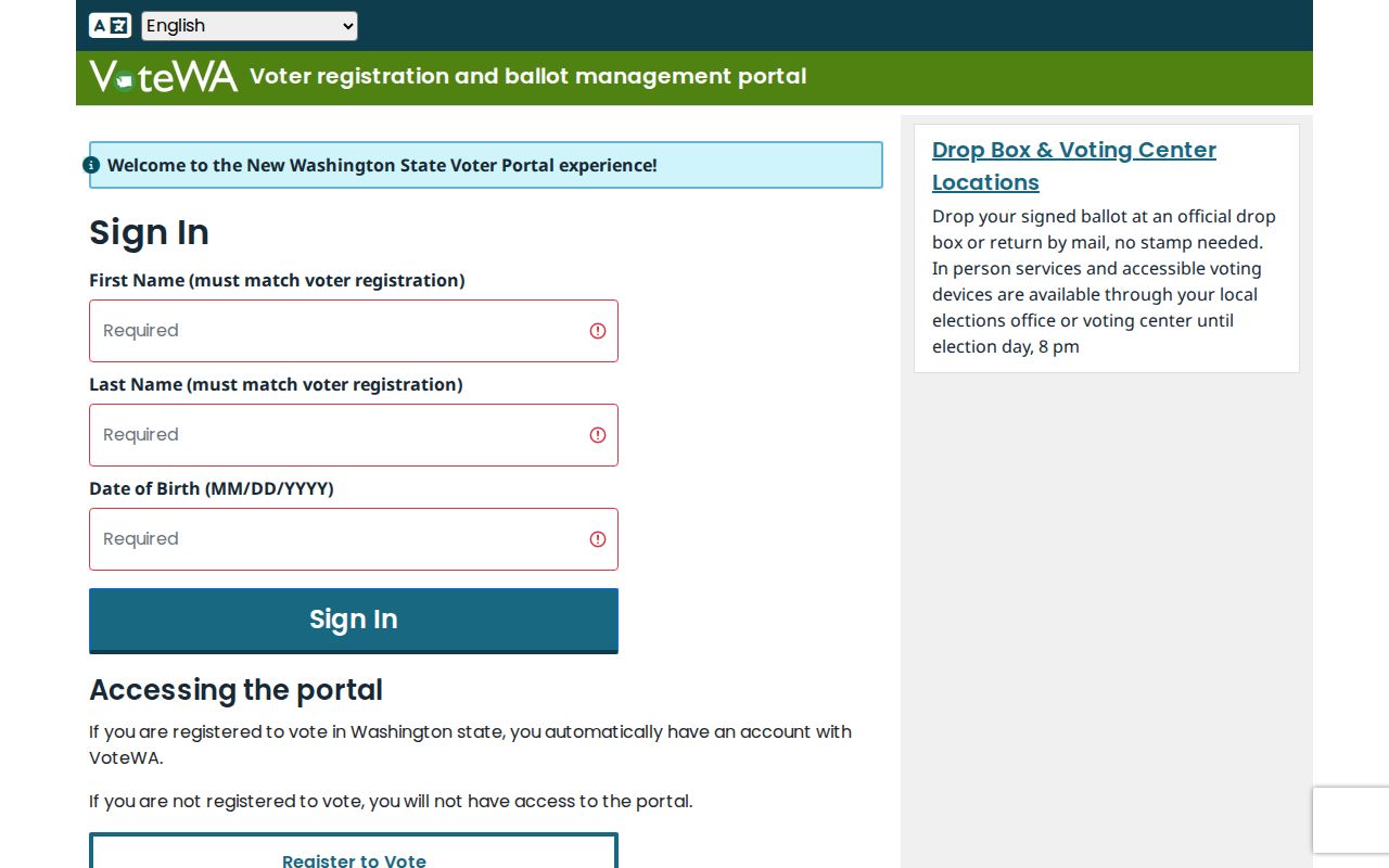 Olympia voter registration records sign-in fields on VoteWA