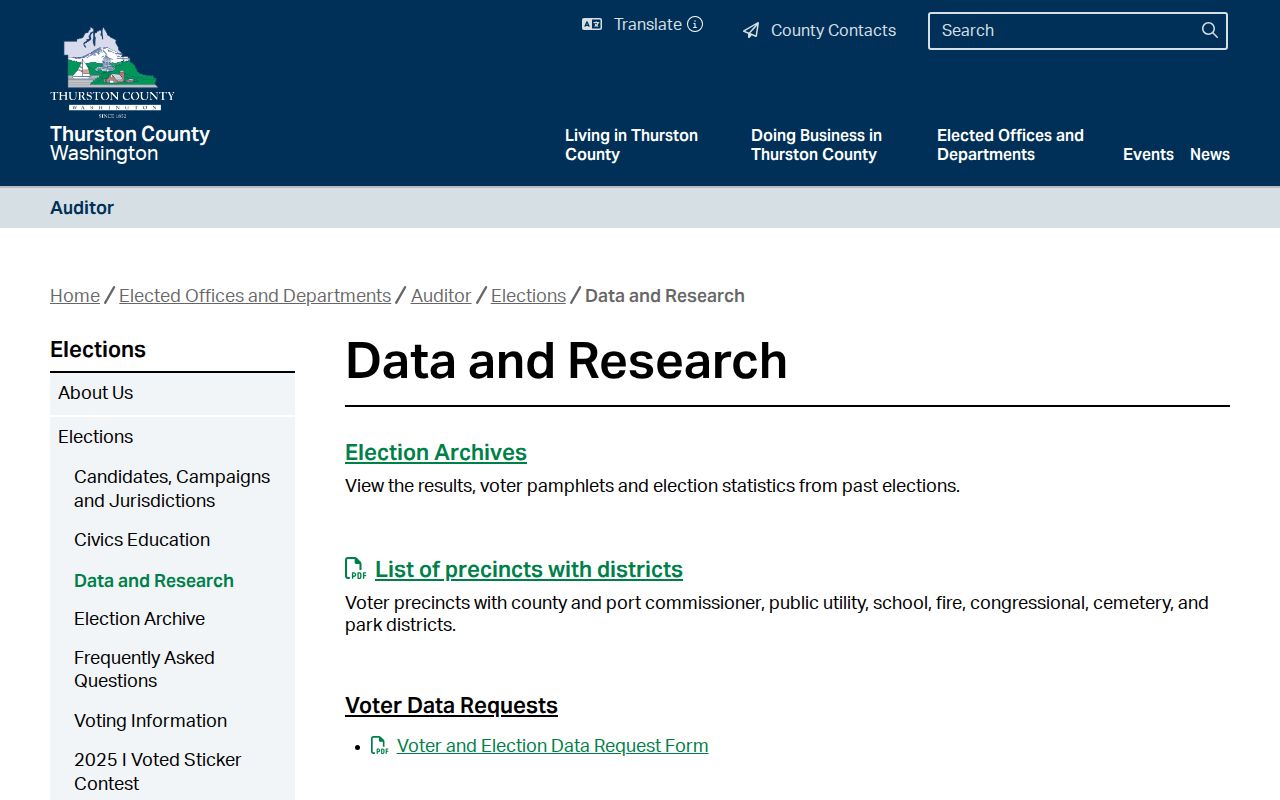 Olympia voter registration records request page for Thurston County